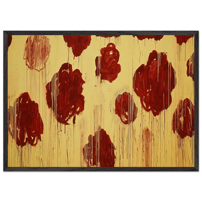 Untitled (Blooming, A Scattering of Blossoms & Other Things) by Cy Twombly framed art print; featuring vivid crimson-red and deep burgundy blossoms scattered across a luminous golden-yellow background; size 30 × 45 cm (12 × 18 in); white frame.