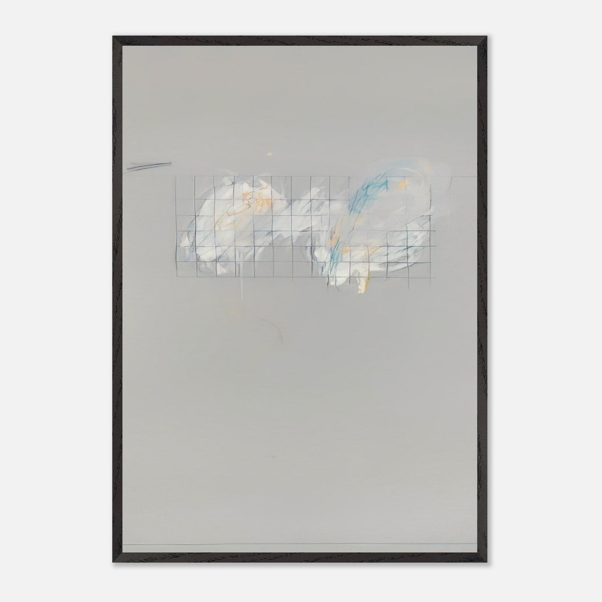 Nine Discourses on Commodus, Part I by Cy Twombly, framed art print; a muted gray background, a delicate grid of intersecting lines, and subtle accents of white, pale blue, yellow