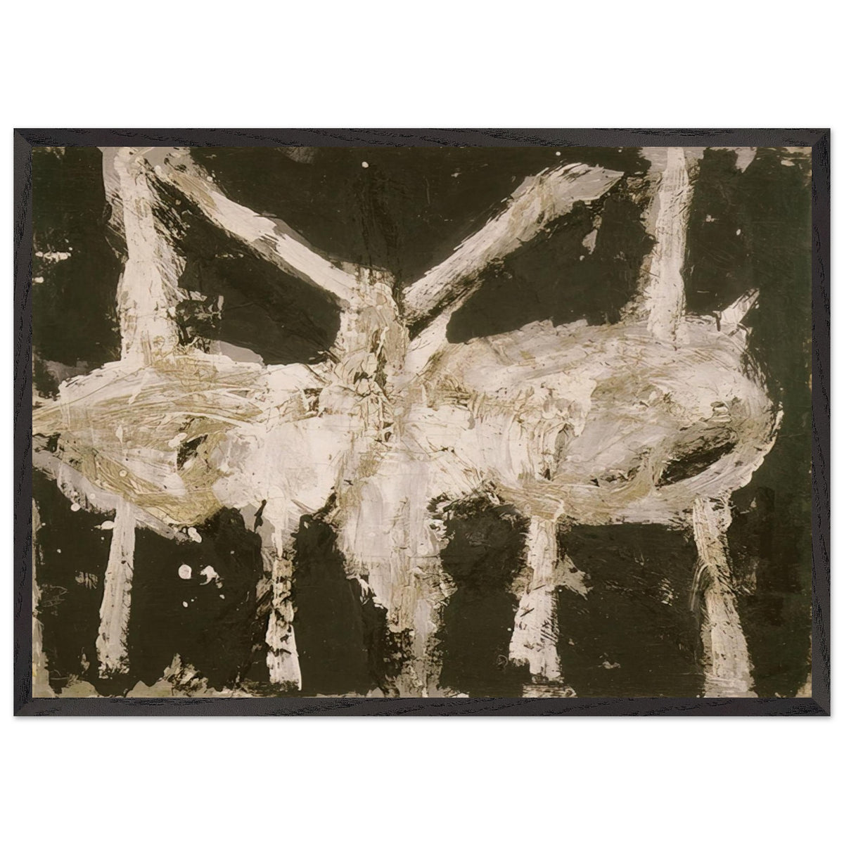 Min-Oe by Cy Twombly framed art print; featuring bold black and deep olive tones contrasted with expressive ivory and cream forms; size A1 (59.4 × 84.1 cm); black frame.