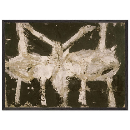 Min-Oe by Cy Twombly framed art print; featuring bold black and deep olive tones contrasted with expressive ivory and cream forms; size A1 (59.4 × 84.1 cm); black frame.