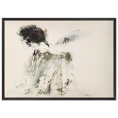 Ides of March by Cy Twombly framed art print; featuring a dramatic mass of black and dark brown marks in the upper-left area, delicate gray lines, earthy green accents; size 70 × 100 cm (28 × 40 in); wood frame.