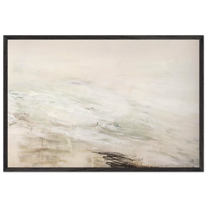 Hero and Leandro (A Painting in Four Parts) Part II by Cy Twombly framed art print; featuring expansive white and ivory tones, delicate gray marks, subtle beige and pale green hues; size 28 × 43 cm (11 × 17 in); black frame.