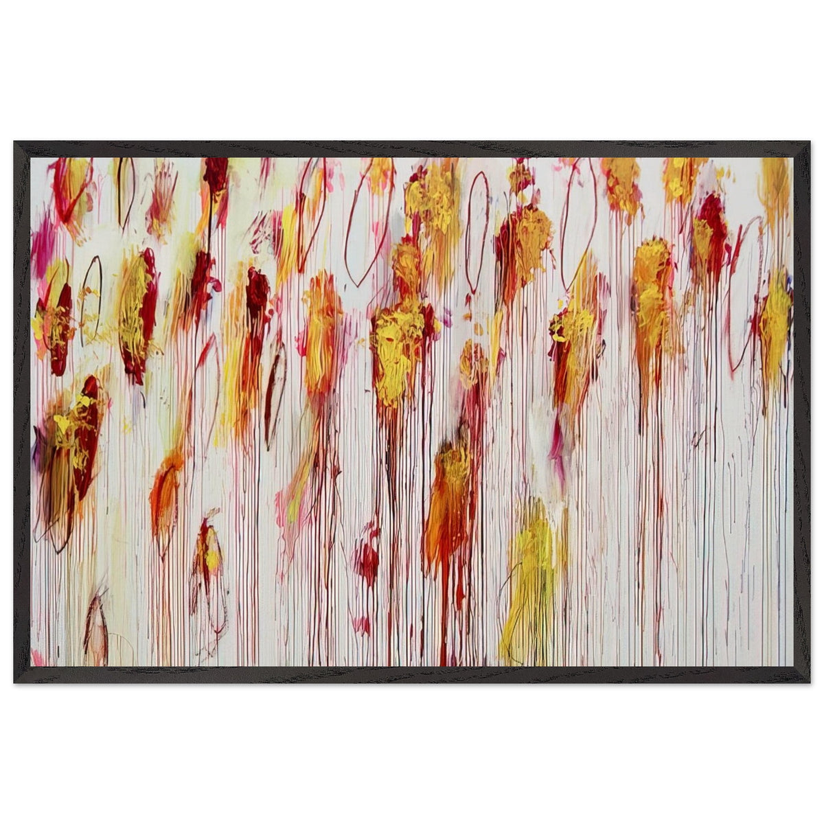 Lepanto, Part VIII by Cy Twombly framed art print; featuring vivid golden-yellow and orange brushstrokes, deep crimson and burgundy accents, delicate pink marks; size 60 × 90 cm (24 × 36 in); wood frame.