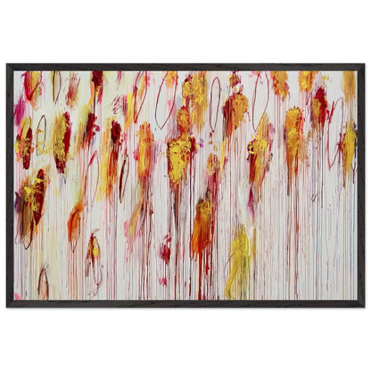 Lepanto, Part VIII by Cy Twombly framed art print; featuring vivid golden-yellow and orange brushstrokes, deep crimson and burgundy accents, delicate pink marks; size 60 × 90 cm (24 × 36 in); wood frame.