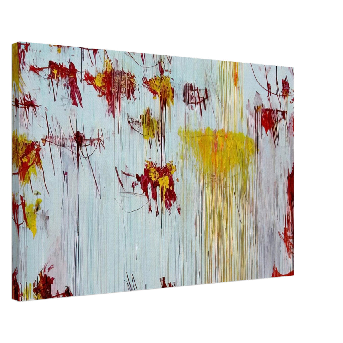 Lepanto, Part X by Cy Twombly canvas print, 60 × 90 cm / 24 × 36 in: This striking composition features a pale blue background layered with vivid yellow, golden ochre, orange….