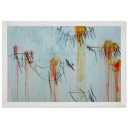 Lepanto, Part II by Cy Twombly framed art print; featuring a luminous turquoise-blue background, energetic black gestural lines, and vivid accents of yellow, orange; size 800 × 1200 mm (32 × 48 in); black frame.