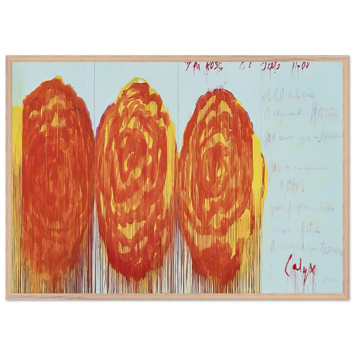The Rose (II) by Cy Twombly framed art print; featuring three oversized rose-like forms in vibrant orange, fiery red; size 70 × 100 cm (28 × 40 in); wood frame.