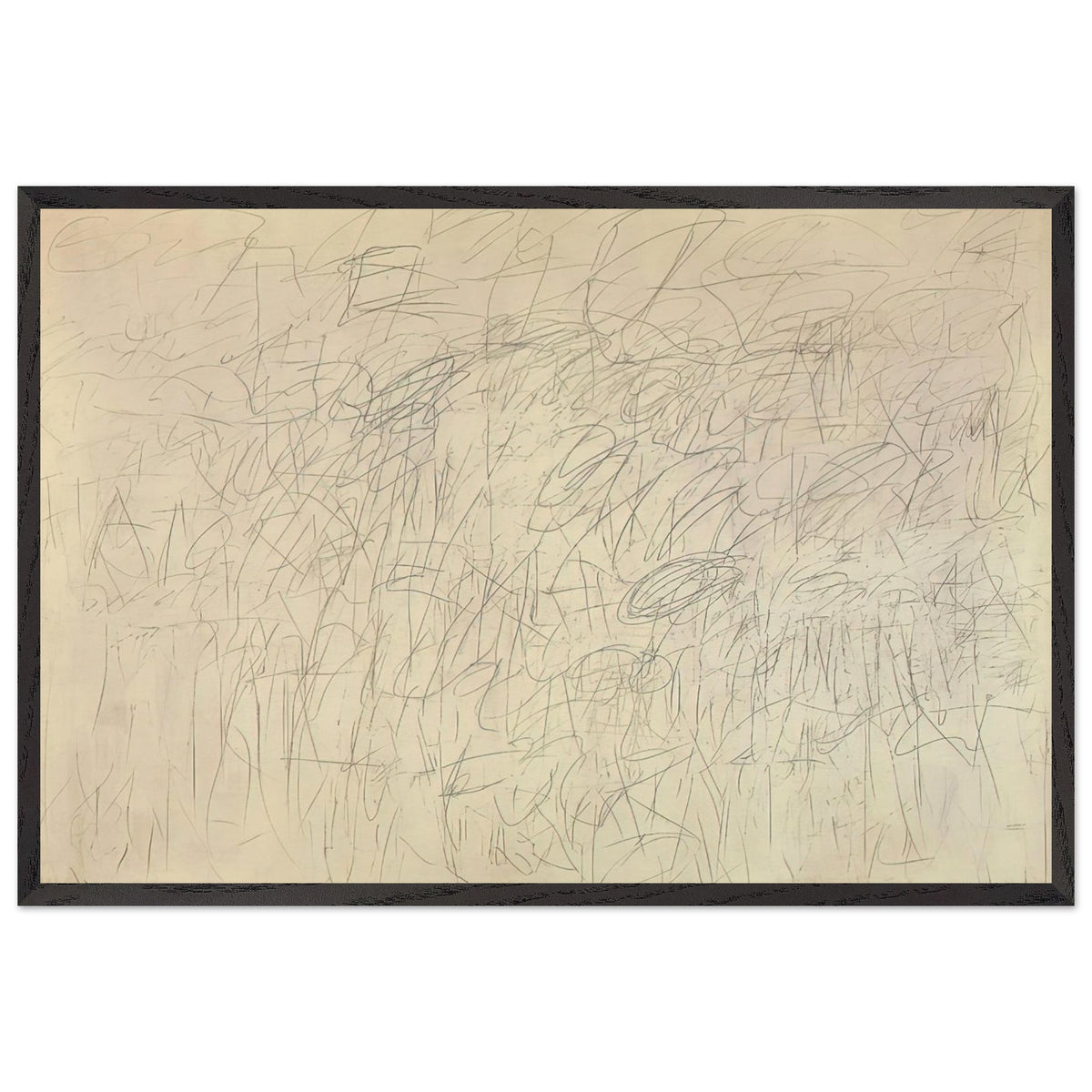 Academy by Cy Twombly framed art print; featuring an intricate network of delicate gray and black scribbles, overlapping lines, spontaneous gestures; size 60 × 90 cm (24 × 36 in); wood frame.