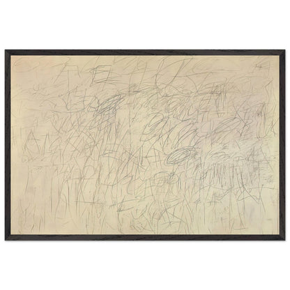 Academy by Cy Twombly framed art print; featuring an intricate network of delicate gray and black scribbles, overlapping lines, spontaneous gestures; size 60 × 90 cm (24 × 36 in); wood frame.