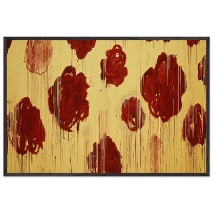 Untitled (Blooming, A Scattering of Blossoms & Other Things) by Cy Twombly framed art print; featuring vivid crimson-red and deep burgundy blossoms scattered across a luminous golden-yellow background; size 50 × 70 cm (20 × 28 in); wood frame.