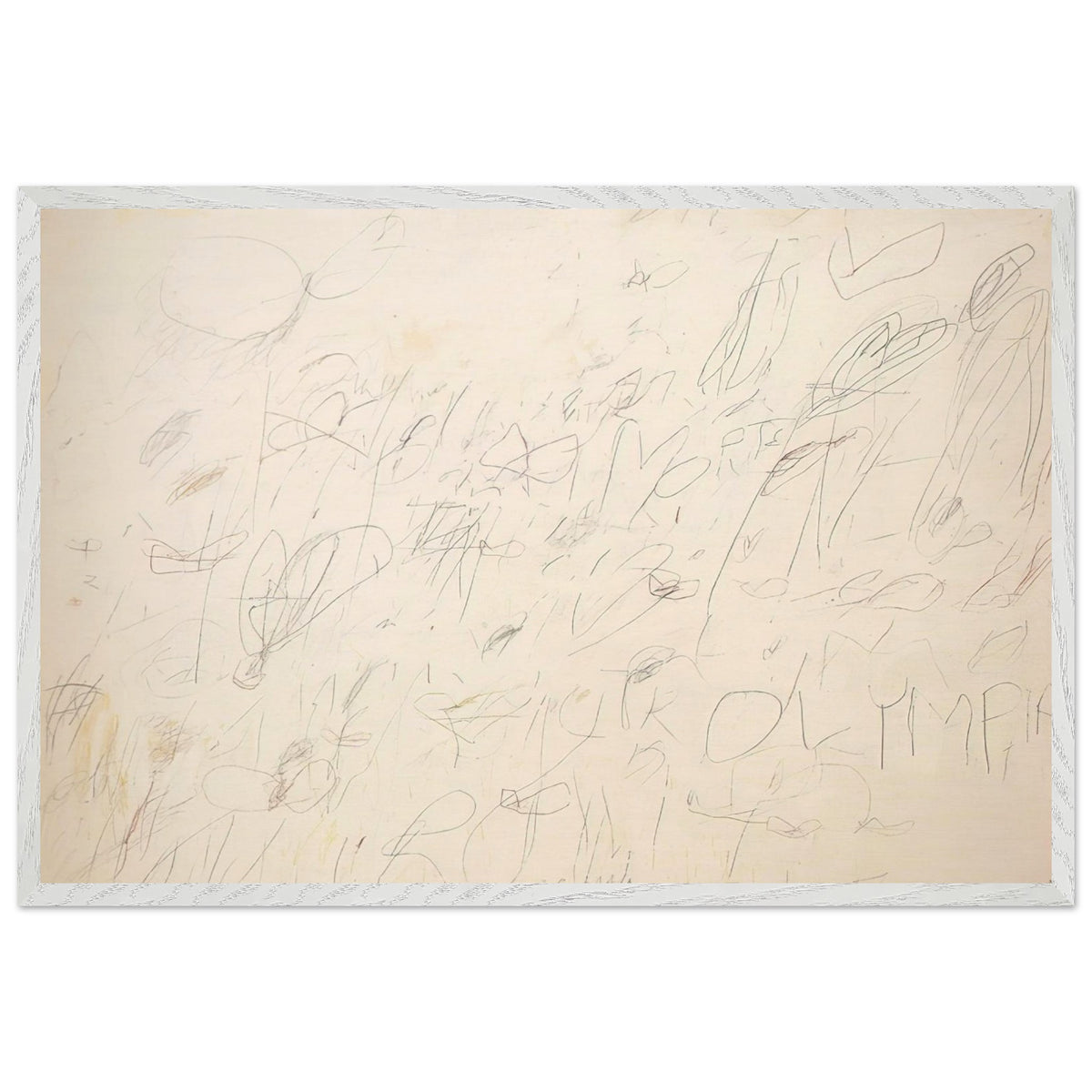 Olympia by Cy Twombly framed art print; featuring a warm ivory and pale cream background covered with delicate pencil-like lines, overlapping scribbles; size A1 (59.4 × 84.1 cm); white frame.