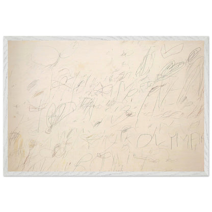 Olympia by Cy Twombly framed art print; featuring a warm ivory and pale cream background covered with delicate pencil-like lines, overlapping scribbles; size A1 (59.4 × 84.1 cm); white frame.