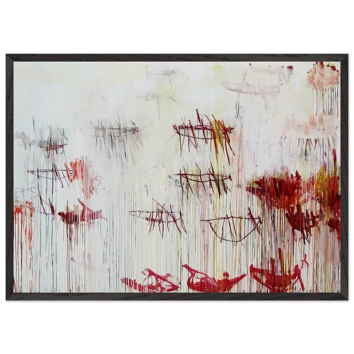 Lepanto, Part IX by Cy Twombly framed art print; featuring a luminous pale blue and ivory background, energetic crimson and burgundy marks, delicate yellow accents; size 28 × 43 cm (11 × 17 in); wood frame.