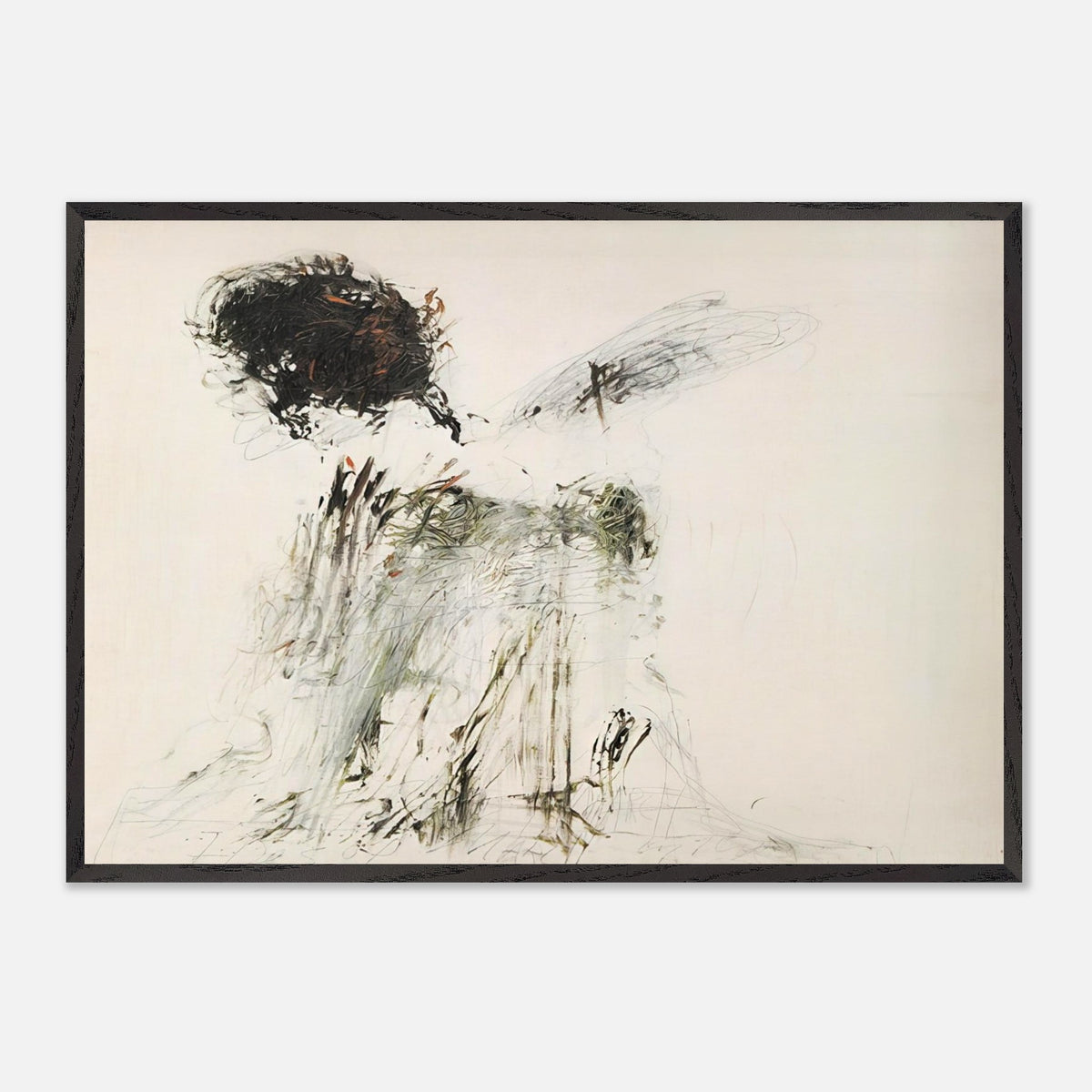 Ides of March by Cy Twombly framed art print; featuring a dramatic mass of black and dark brown marks in the upper-left area, delicate gray lines, earthy green accents.