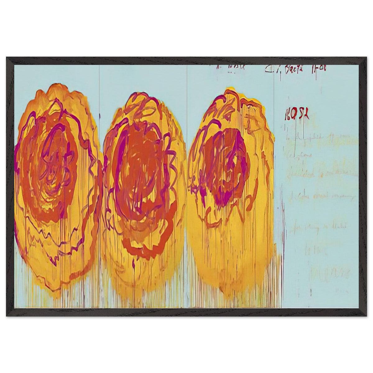 The Rose (I) by Cy Twombly framed art print; featuring three large, abstract rose forms painted in radiant golden yellow, fiery orange, deep red; size 30 × 45 cm (12 × 18 in); white frame.