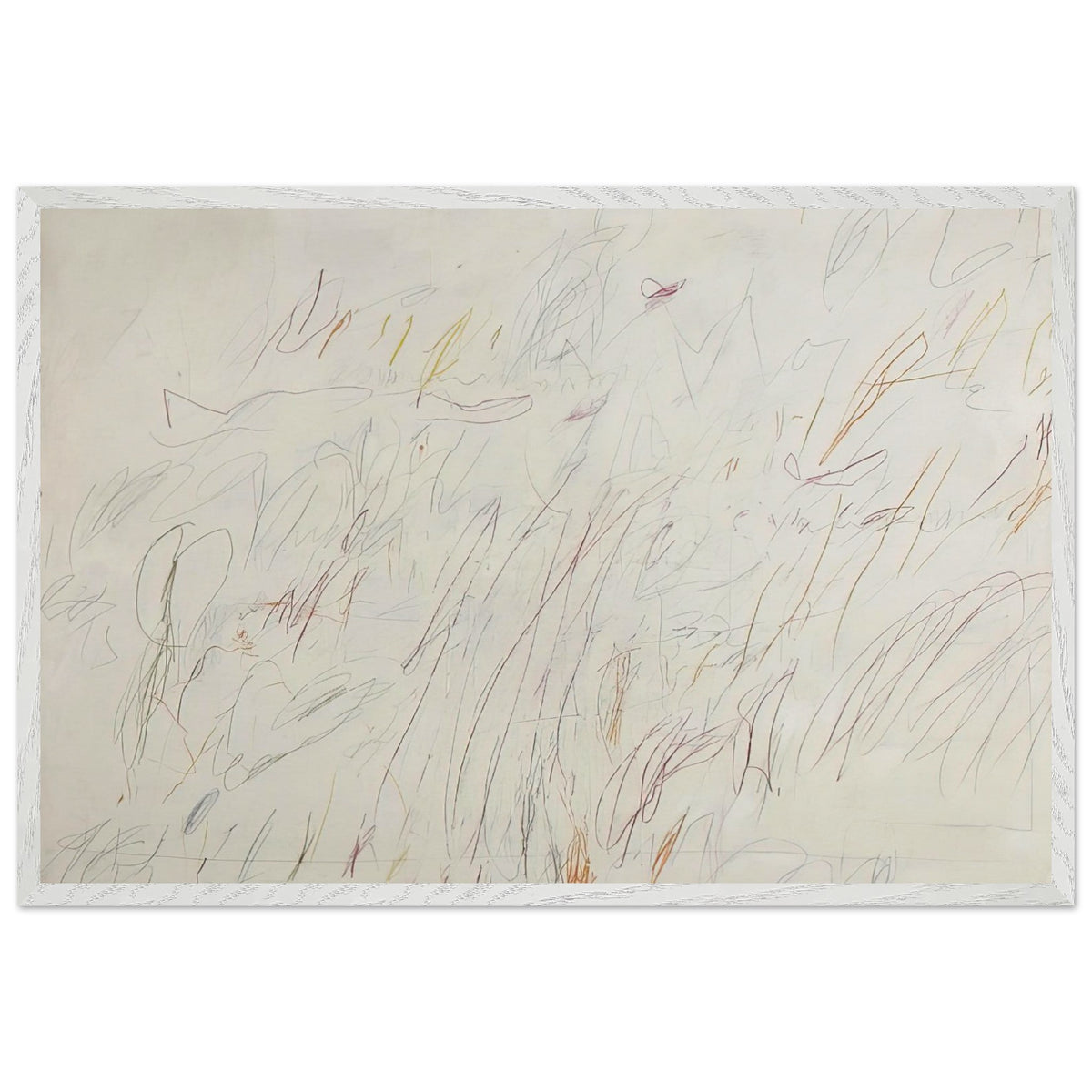 Sunset by Cy Twombly framed art print; featuring a soft ivory background covered with delicate pencil marks, flowing curves, spontaneous scribbles; size 60 × 90 cm (24 × 36 in); black frame.