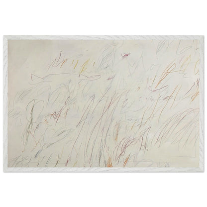 Sunset by Cy Twombly framed art print; featuring a soft ivory background covered with delicate pencil marks, flowing curves, spontaneous scribbles; size 60 × 90 cm (24 × 36 in); black frame.