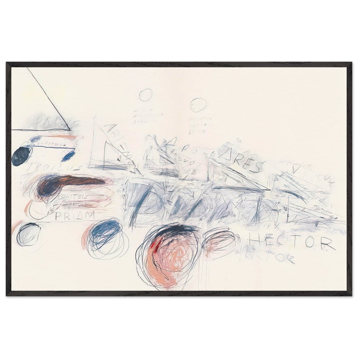 Fifty Days at Iliam: Ilians in Battle by Cy Twombly framed art print; featuring delicate blue-gray lines, energetic red marks, overlapping geometric shapes; size 30 × 45 cm (12 × 18 in); black frame.