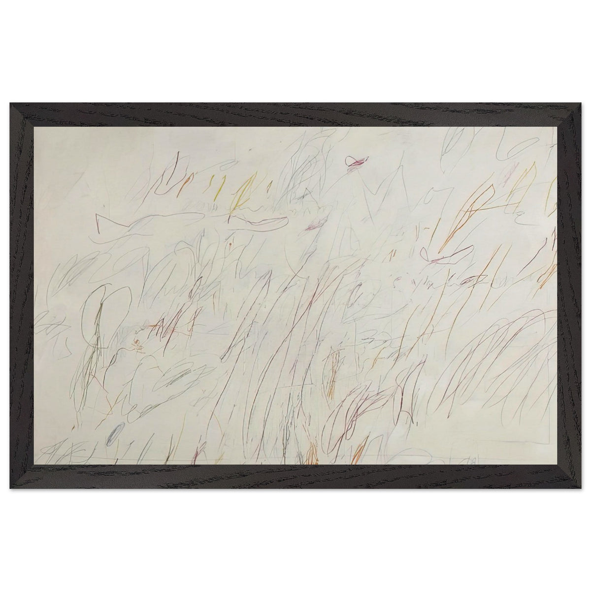 Sunset by Cy Twombly framed art print; featuring a soft ivory background covered with delicate pencil marks, flowing curves, spontaneous scribbles; size 30 × 45 cm (12 × 18 in); wood frame.