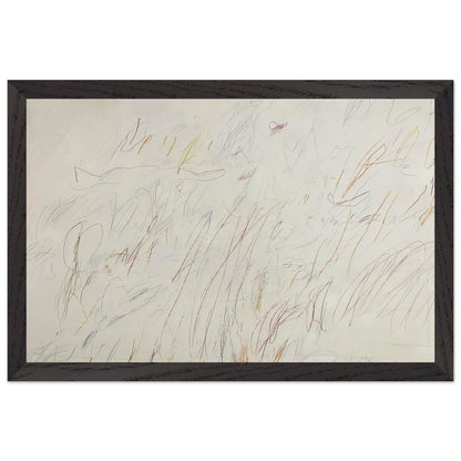 Sunset by Cy Twombly framed art print; featuring a soft ivory background covered with delicate pencil marks, flowing curves, spontaneous scribbles; size 30 × 45 cm (12 × 18 in); wood frame.