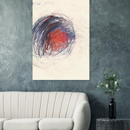 Fifty Days at Iliam: Shield of Achilles by Cy Twombly, poster; intricate black lines, expressive red strokes, deep blue accents