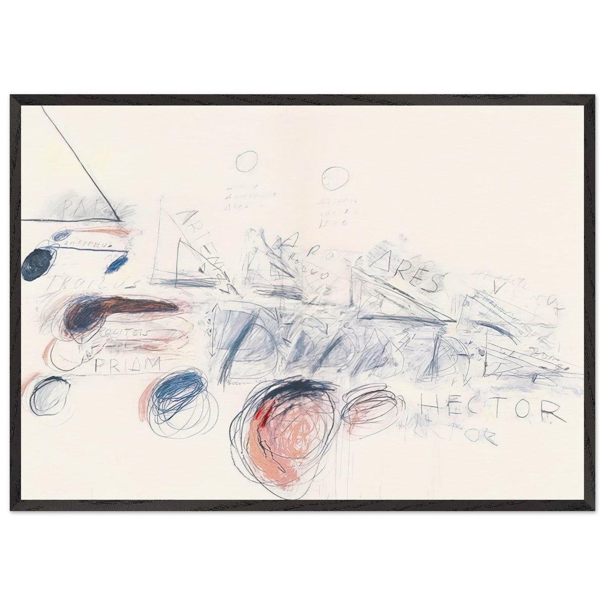 Fifty Days at Iliam: Ilians in Battle by Cy Twombly framed art print; featuring delicate blue-gray lines, energetic red marks, overlapping geometric shapes; size 800 × 1200 mm (32 × 48 in); white frame.