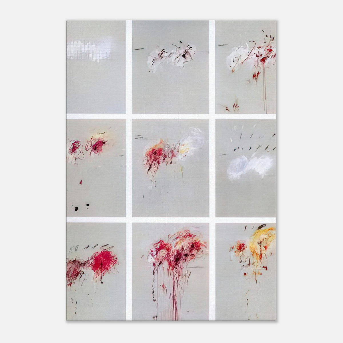 Nine Discourses on Commodus by Cy Twombly, canvas print, muted gray background with expressive red and crimson gestures