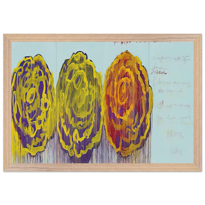 The Rose (III) by Cy Twombly framed art print; featuring three oversized rose-like forms in vivid golden yellow, fiery orange, rich magenta; size 28 × 43 cm (11 × 17 in); wood frame.