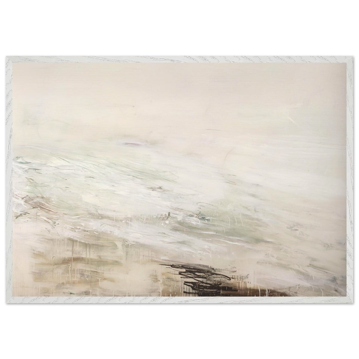 Hero and Leandro (A Painting in Four Parts) Part II by Cy Twombly framed art print; featuring expansive white and ivory tones, delicate gray marks, subtle beige and pale green hues; size 50 × 70 cm (20 × 28 in); white frame.