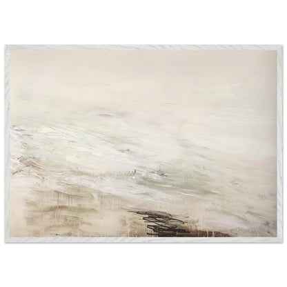 Hero and Leandro (A Painting in Four Parts) Part II by Cy Twombly framed art print; featuring expansive white and ivory tones, delicate gray marks, subtle beige and pale green hues; size 50 × 70 cm (20 × 28 in); white frame.