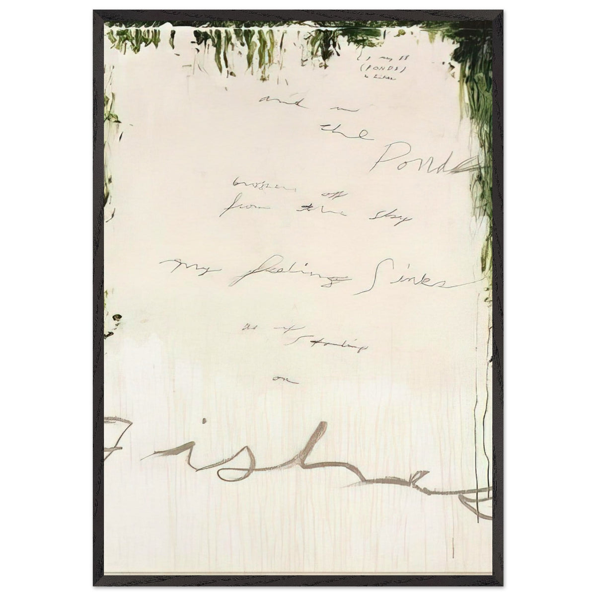 Untitled (A Painting in Nine Parts), Part I by Cy Twombly, framed art print, pale, open central field surrounded by expressive dark green, 27x35 cm (11x14 in), white frame