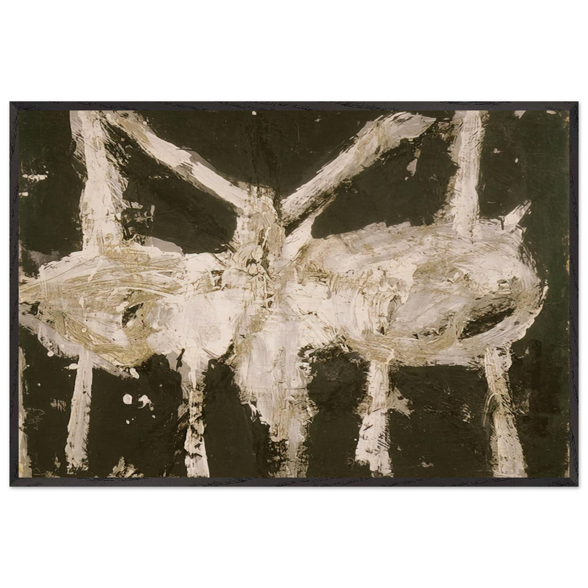 Min-Oe by Cy Twombly framed art print; featuring bold black and deep olive tones contrasted with expressive ivory and cream forms; size 800 × 1200 mm (32 × 48 in); black frame.