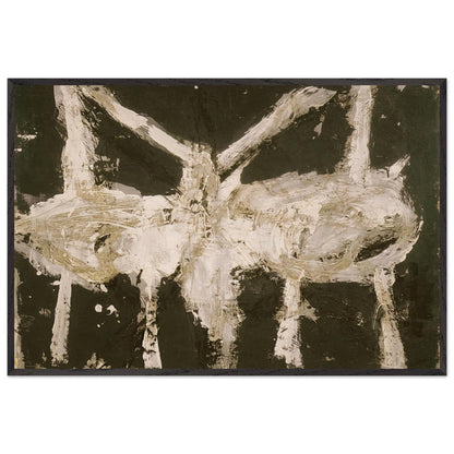Min-Oe by Cy Twombly framed art print; featuring bold black and deep olive tones contrasted with expressive ivory and cream forms; size 800 × 1200 mm (32 × 48 in); black frame.