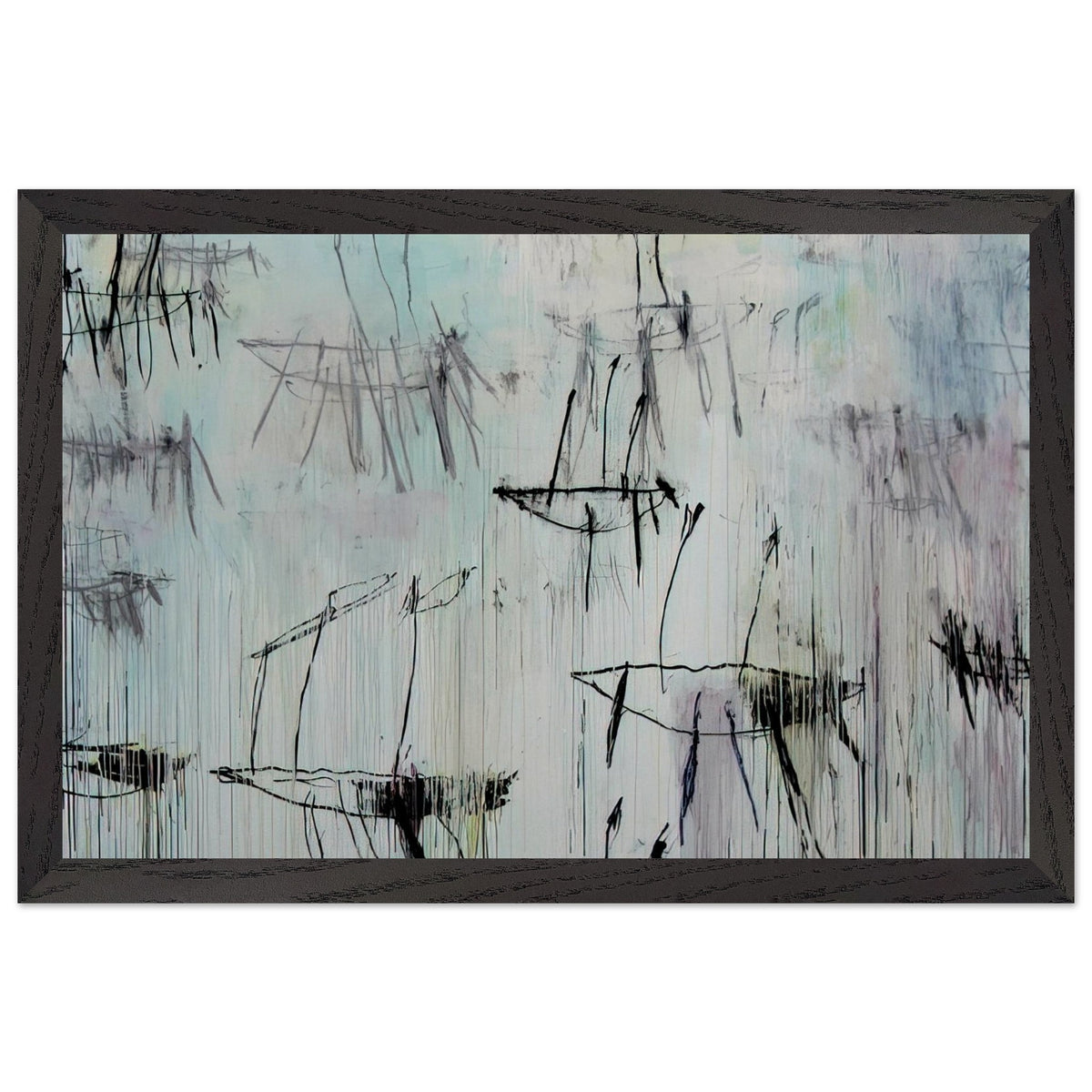 Lepanto, Part V by Cy Twombly framed art print; featuring a pale blue and ivory background, expressive black lines, delicate gray marks, subtle pink undertones; size 30 × 45 cm (12 × 18 in); white frame.