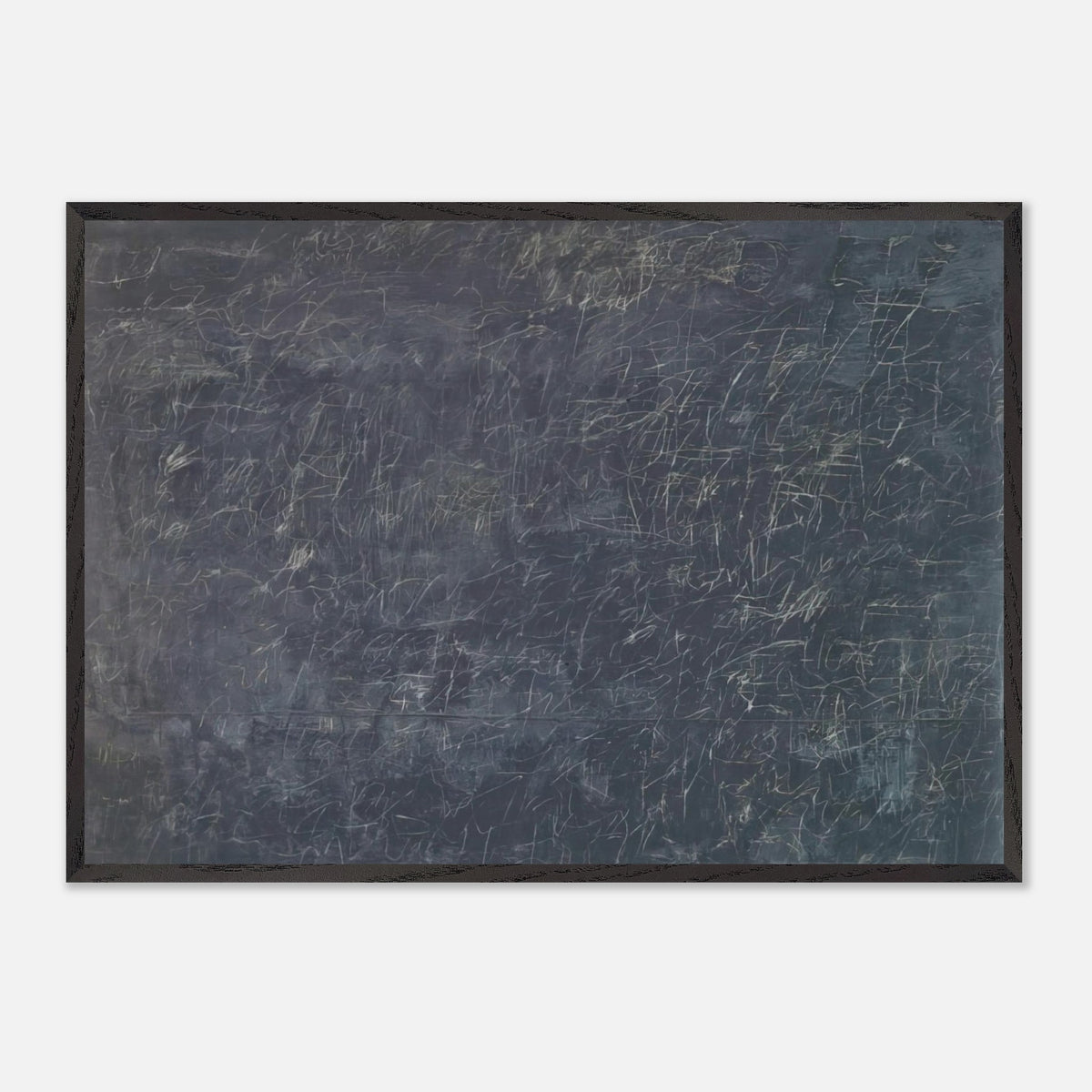 Panorama by Cy Twombly framed art print; featuring a deep charcoal-gray background covered with intricate white and pale-gray scribbles, intersecting lines.