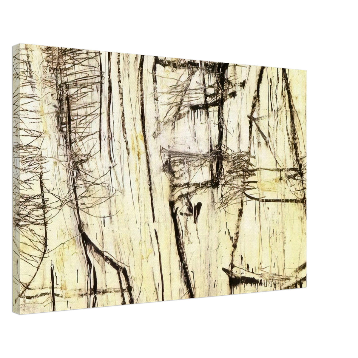 Tiznit by Cy Twombly canvas print, 70 × 100 cm / 28 × 40 in: a warm ivory background layered with intricate black lines, angular gestures, crosshatched marks….