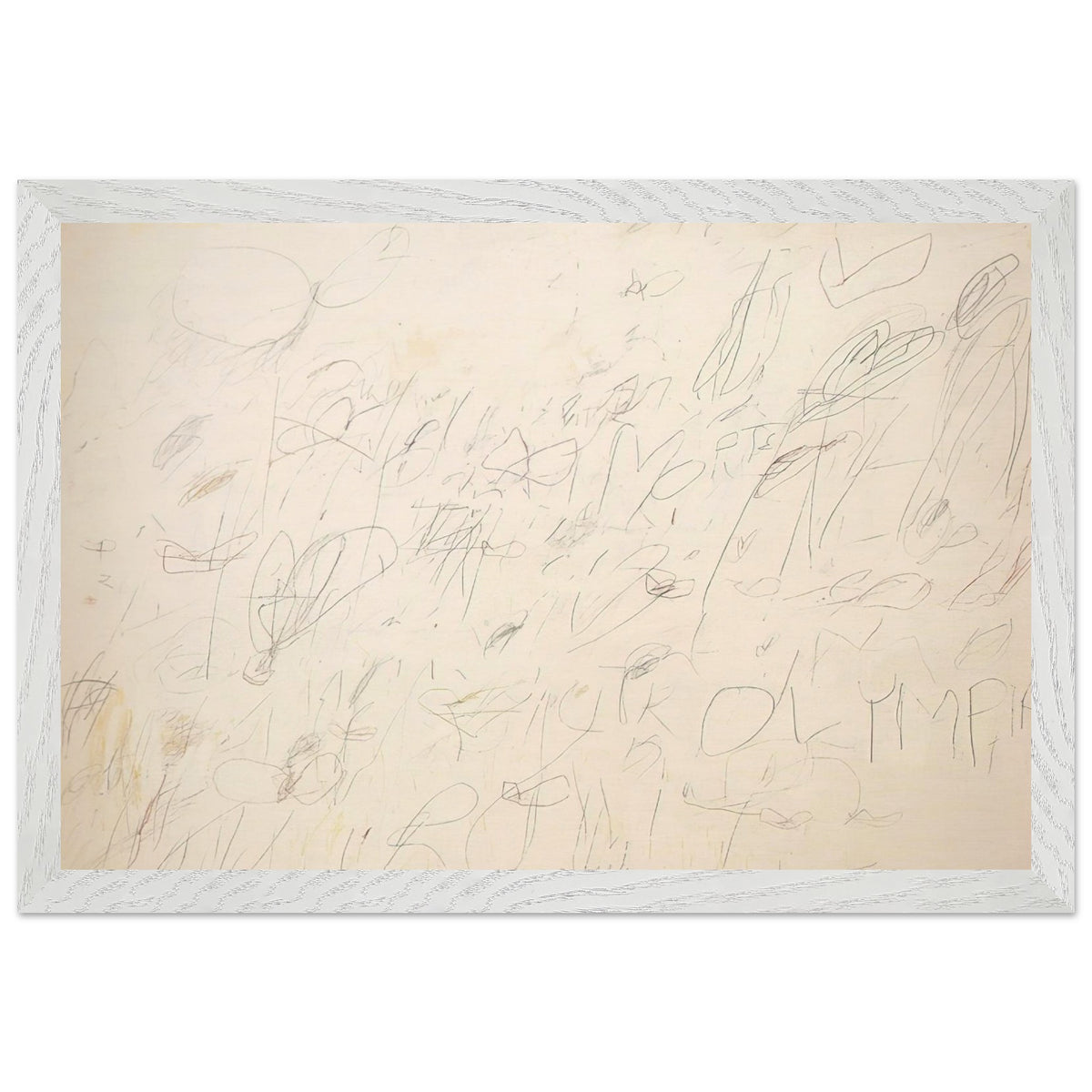 Olympia by Cy Twombly framed art print; featuring a warm ivory and pale cream background covered with delicate pencil-like lines, overlapping scribbles; size 30 × 45 cm (12 × 18 in); black frame.