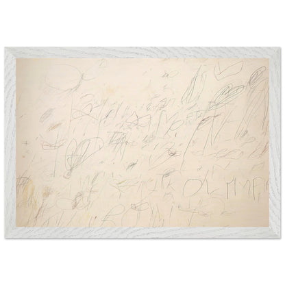 Olympia by Cy Twombly framed art print; featuring a warm ivory and pale cream background covered with delicate pencil-like lines, overlapping scribbles; size 30 × 45 cm (12 × 18 in); black frame.