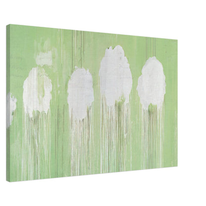 Untitled (Peony Blossom Painting) by Cy Twombly canvas print, 60 × 90 cm / 24 × 36 in: soft white, cloud-like blossom forms against a pale green background.