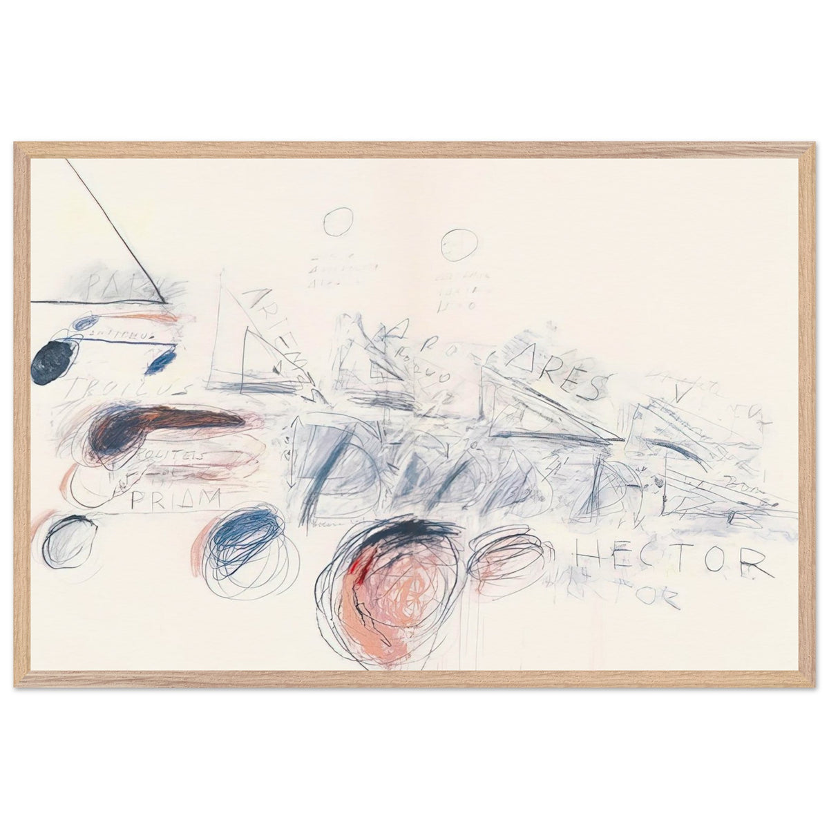 Fifty Days at Iliam: Ilians in Battle by Cy Twombly framed art print; featuring delicate blue-gray lines, energetic red marks, overlapping geometric shapes; size 60 × 90 cm (24 × 36 in); black frame.