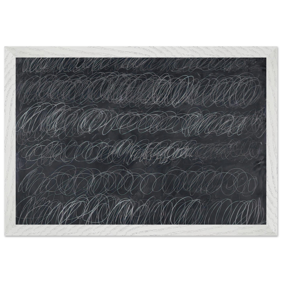 Cold Stream by Cy Twombly framed art print; featuring dense, repeating white and gray scribbled lines arranged in horizontal rows across a deep charcoal-gray; size 30 × 45 cm (12 × 18 in); wood frame.