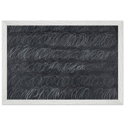 Cold Stream by Cy Twombly framed art print; featuring dense, repeating white and gray scribbled lines arranged in horizontal rows across a deep charcoal-gray; size 30 × 45 cm (12 × 18 in); wood frame.