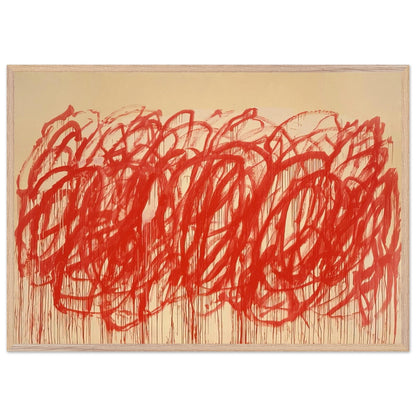 Untitled (Bacchus) by Cy Twombly framed art print; featuring sweeping vermilion-red brushstrokes, overlapping loops, energetic curves; size 30 × 45 cm (12 × 18 in); white frame.