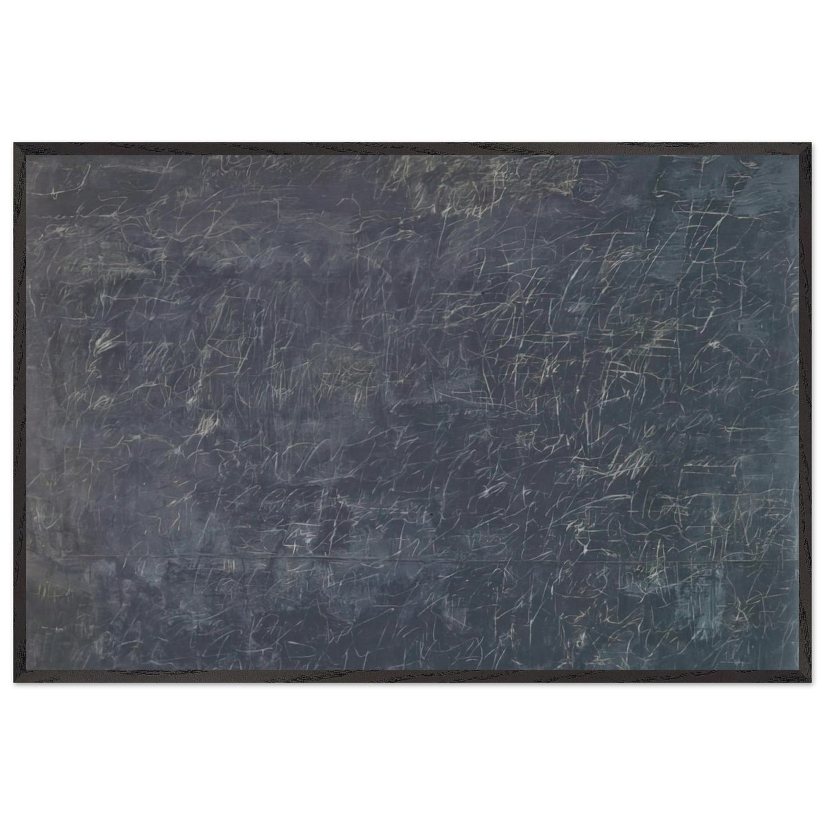 Panorama by Cy Twombly framed art print; featuring a deep charcoal-gray background covered with intricate white and pale-gray scribbles, intersecting lines; size 28 × 43 cm (11 × 17 in); white frame.