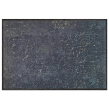 Panorama by Cy Twombly framed art print; featuring a deep charcoal-gray background covered with intricate white and pale-gray scribbles, intersecting lines; size 28 × 43 cm (11 × 17 in); white frame.