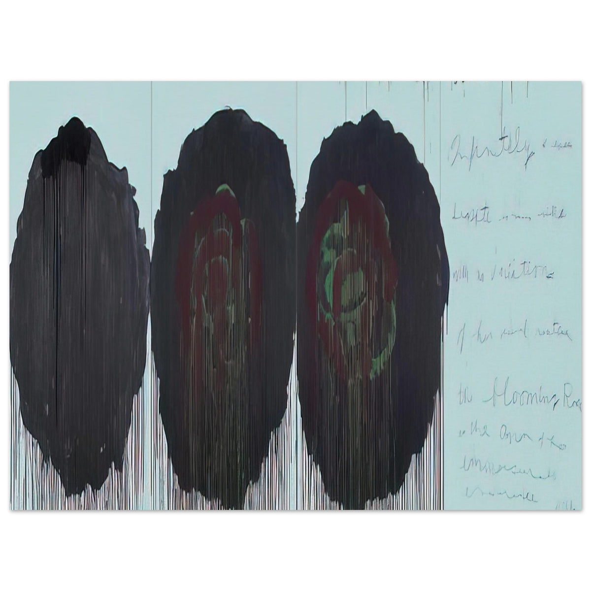 The Rose (V) by Cy Twombly poster, 40 × 60 cm / 16 × 24 in: This expressive composition features three large, rose-inspired forms dominated by deep black, burgundy….
