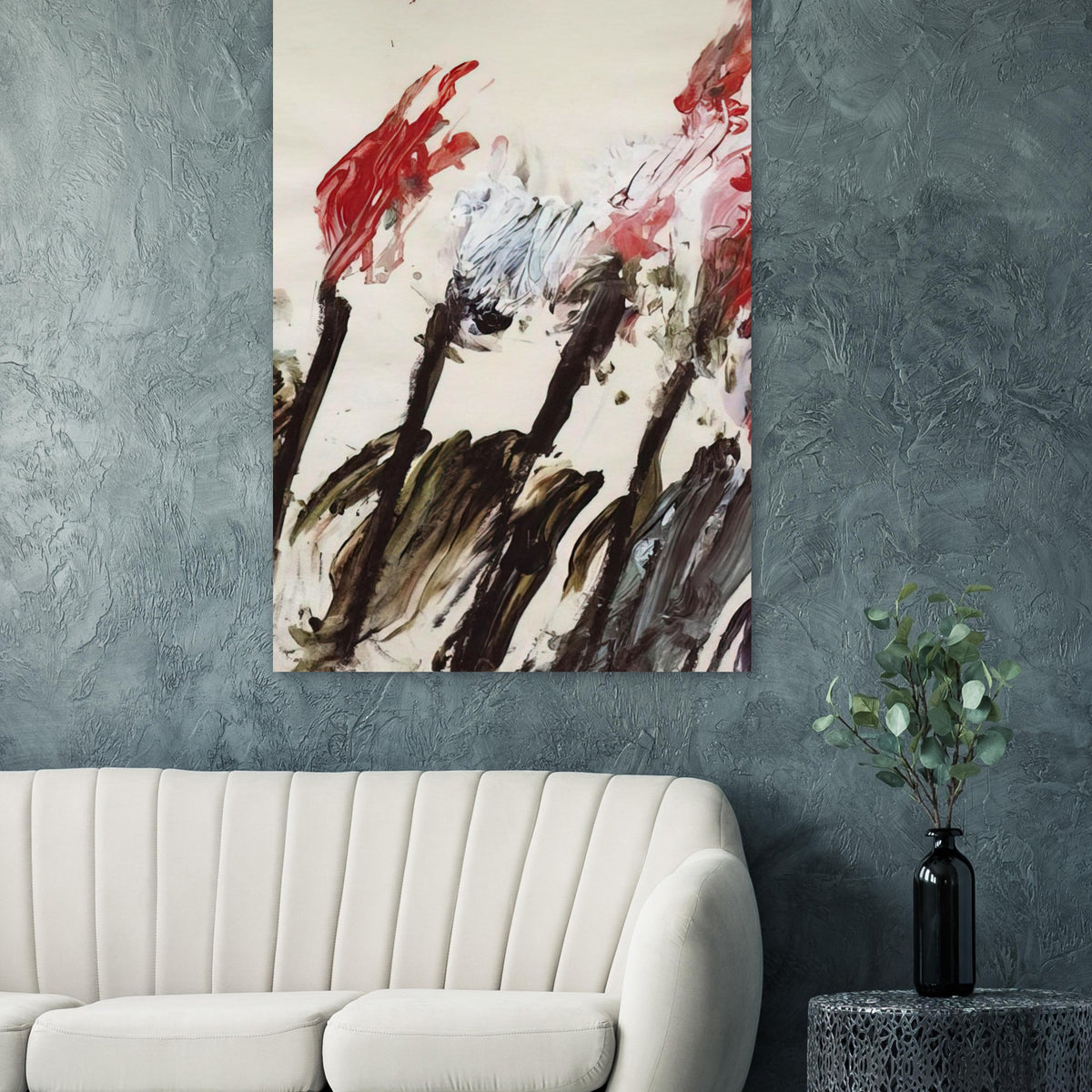 Nicola's Irises by Cy Twombly, poster; sweeping red and crimson brushstrokes, delicate pink accents, cool blue details, and dark gestural lines against a pale background