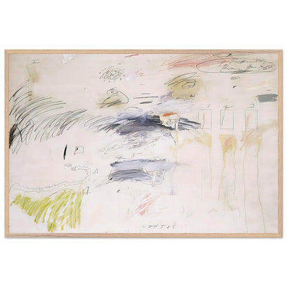 Untitled, Rome by Cy Twombly framed art print; featuring a warm ivory background layered with spontaneous black and charcoal lines, delicate pencil-like gestures; size 60 × 90 cm (24 × 36 in); white frame.