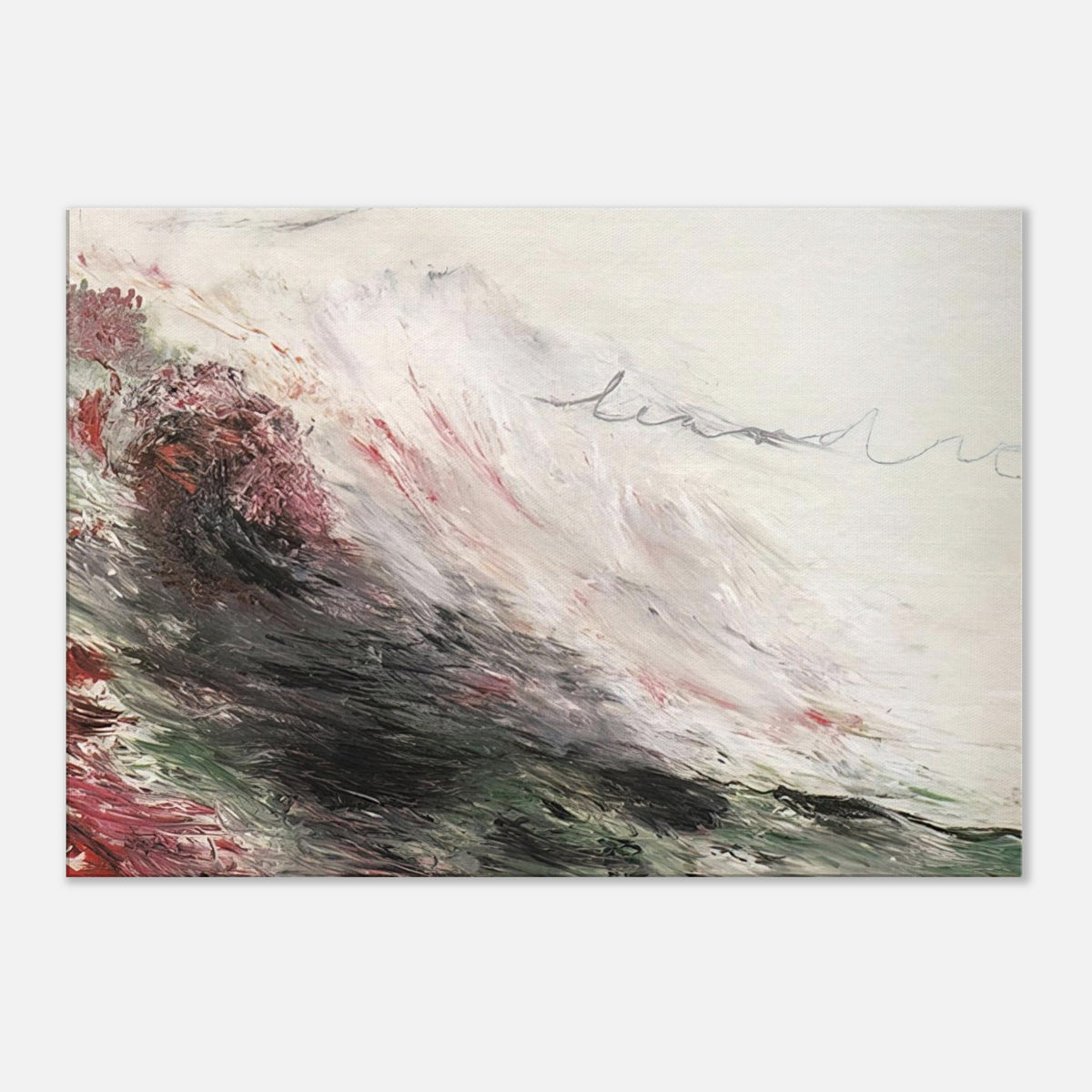 Hero and Leandro (A Painting in Four Parts) Part I by Cy Twombly canvas print: sweeping white and gray strokes with muted pink, deep green, charcoal, and earthy red tones.