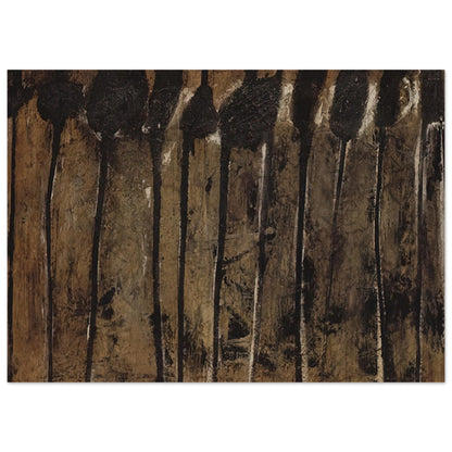 Solon I by Cy Twombly poster, 30 × 40 cm / 12 × 16 in: This atmospheric composition features elongated black and dark brown forms against a textured background….